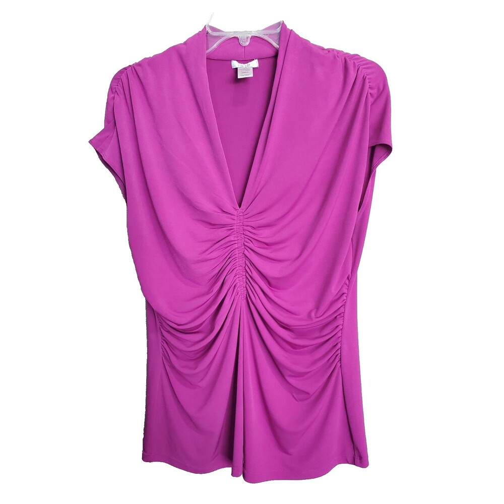 Cache Magenta Ruched Cap Sleeve Stretchy Top Size Large Vintage